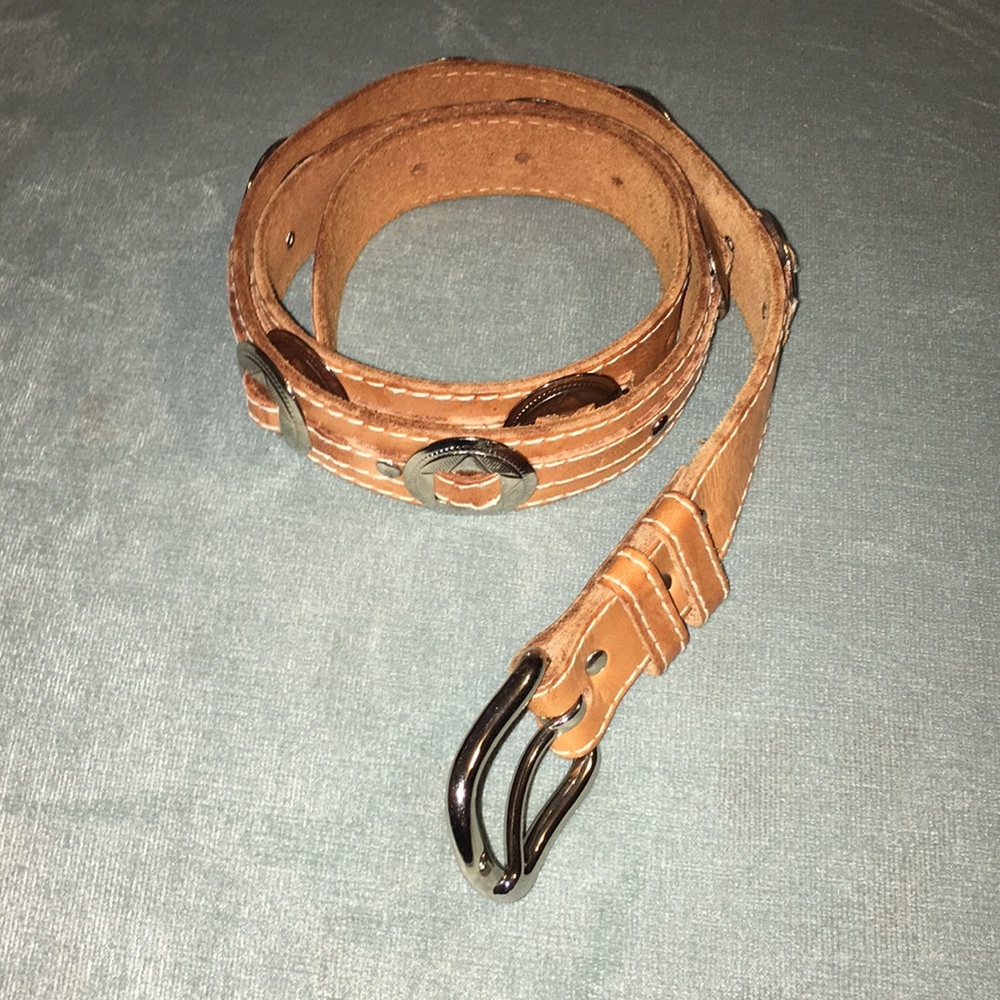Light tan leather belt with silver hardware